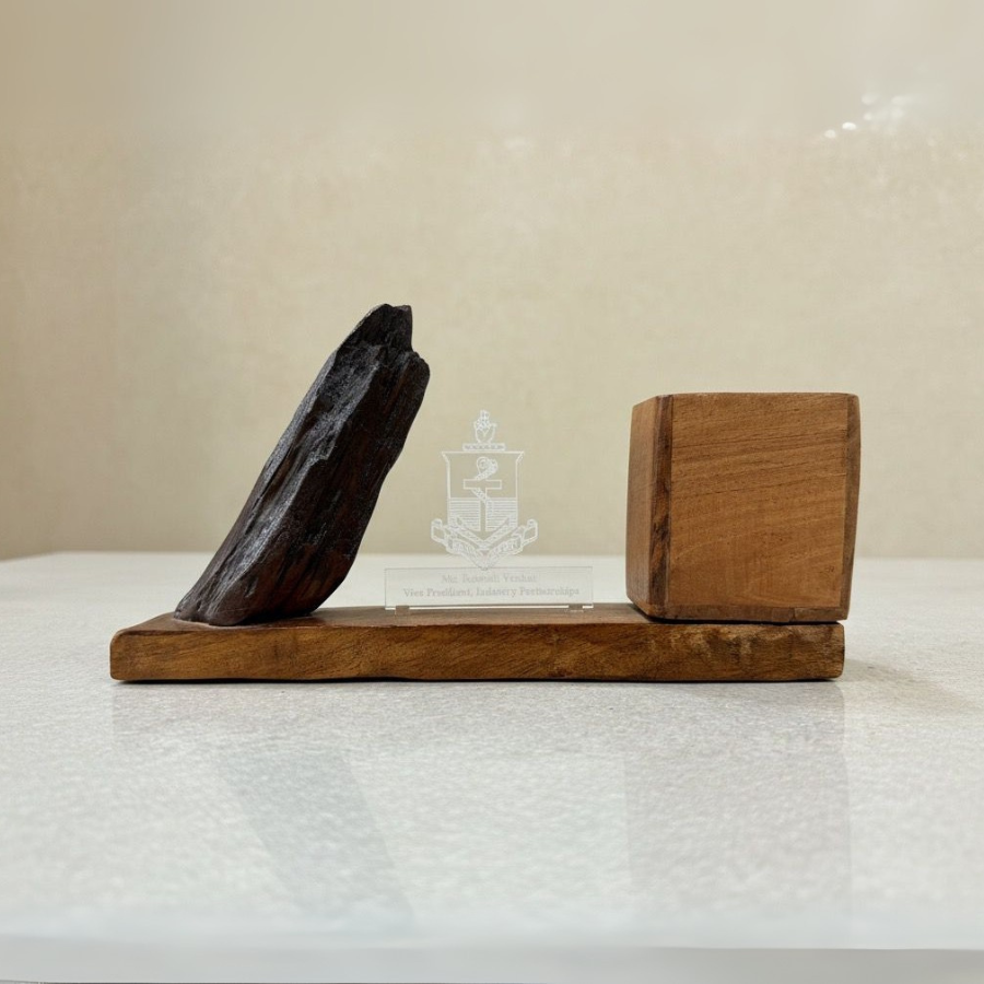 Handcrafted Wooden Desk Organizer with Natural Stone Accent