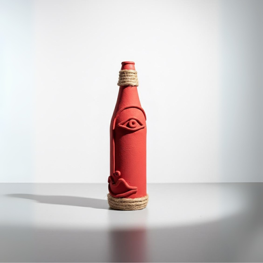 Artisan Red Abstract Face Decorative Bottle
